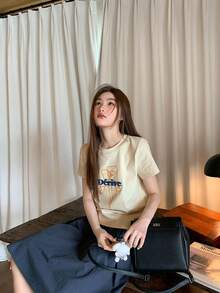 200g Pure Cotton T-Shirt 2025 Summer Ladies New Short Sleeve Pure Cotton Holiday Pattern Short Sleeve Round Neck Couple Wear Small Shirt Tops - 杏色 - 查看 1