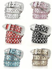 A Men's Solid Color Punk Style Hip-Hop Street Rhinestone Inlaid Belt Men's Jeans Belt High-End Leather Belt - Multicolor - View 1