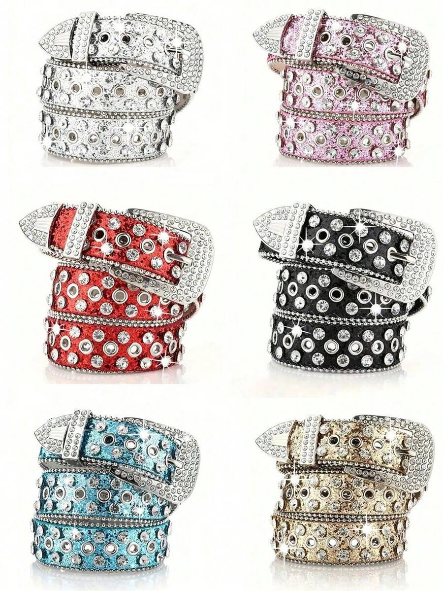 A Men's Solid Color Punk Style Hip-Hop Street Rhinestone Inlaid Belt Men's Jeans Belt High-End Leather Belt - Multicolor - View 1