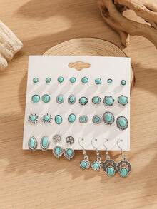16 pares de conjuntos de aretes de botón y aretes colgantes geométricos de turquesa, joyas de estilo bohemio para mujeres - 16 pares de turquesas geométricas - Ver 2