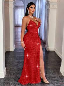 CHOSMO Đầm đỏ đính sequin, dây mảnh bằng kim loại, hở lưng, cạp cao, xẻ tà, kiểu dáng thanh lịch dành cho nữ, thích hợp cho dạ hội, tiệc cocktail, đám cưới, tiệc sinh nhật mùa xuân. - Đỏ - Xem 6