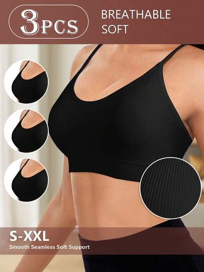 MIOTAN 3 Pcs Set Wire-Free Bras For Women, Removable Pads, Everyday Bras, Striped Design