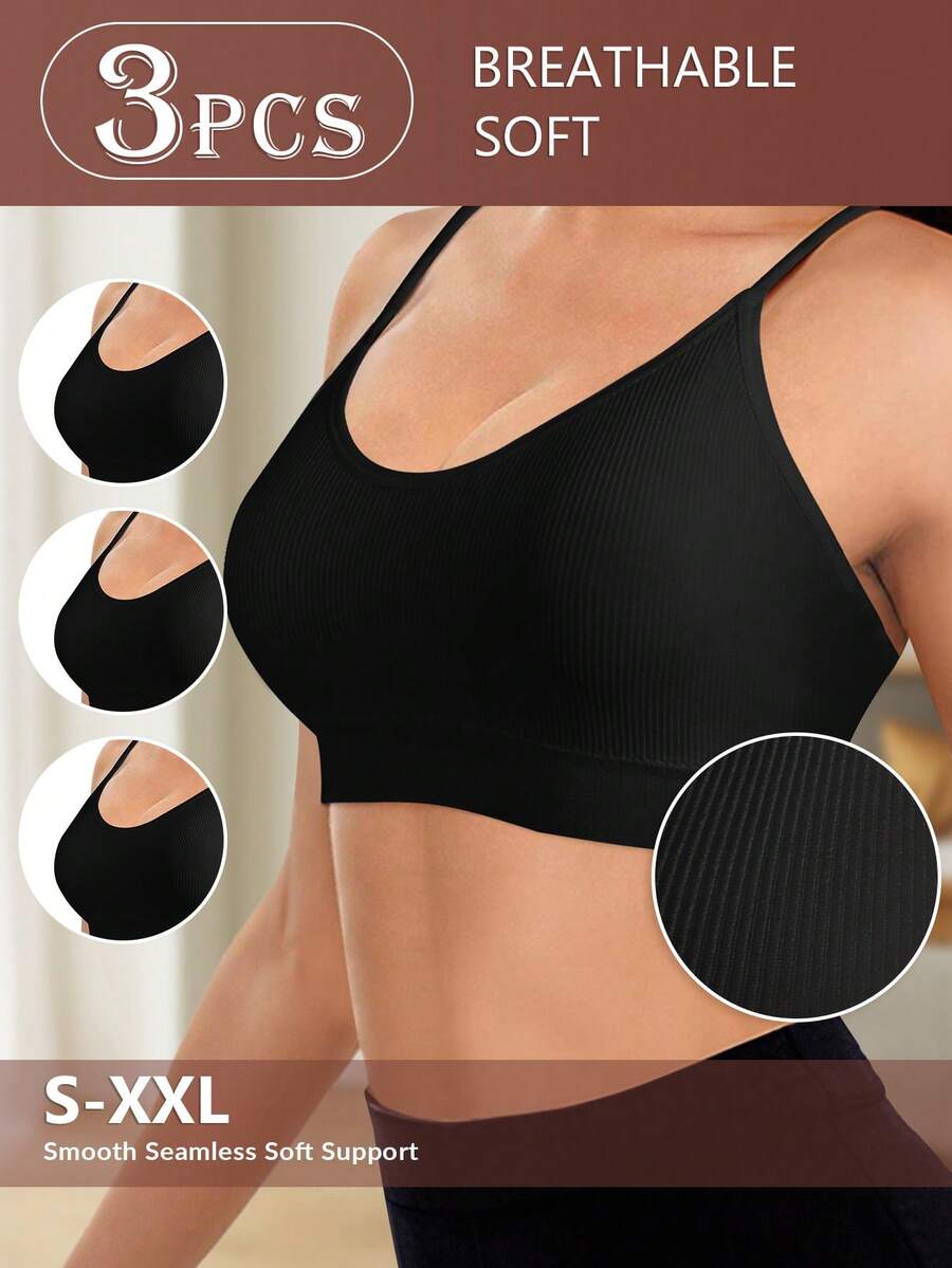 MIOTAN 3 件套女士无钢圈文胸，可拆卸胸垫，日常文胸，条纹设计 - 黑色 - 查看 1