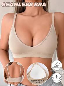Sujetador sin costuras con efecto push-up para mujeres, sujetador deportivo inalámbrico de espalda sexy, sujetador de punto acanalado acolchado, ropa interior sólida con tirantes ajustables, sujetador básico y cómodo y transpirable
