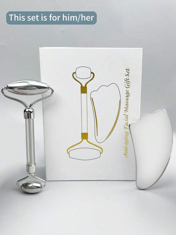 2pcs Face Massage Tool Set, 1 Stainless Steel Facial Roller And 1 Stainless Steel Gua Sha Board, Face Care Massage Kit, Beauty Roller And Scraper Gift For Friends, Parents