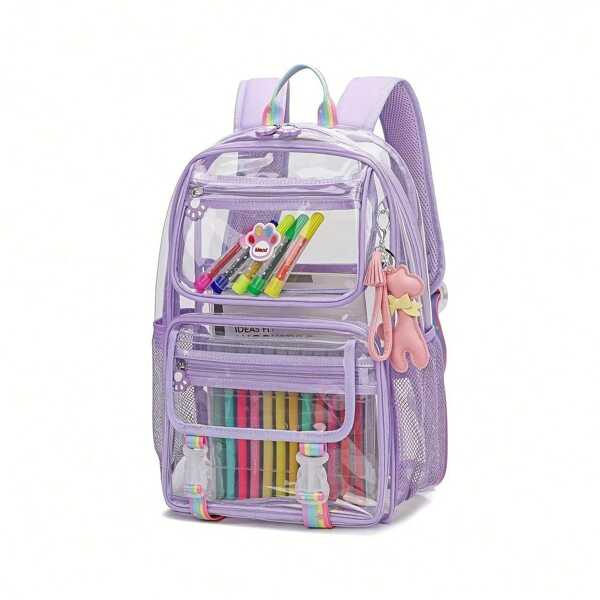 Professional Clear Backpack For Office & Business Meetings - Waterproof PVC Laptop Bag With Document Organizer, Ergonomic S-Curve Straps & Honeycomb Back Panel, Security-Check Friendly Design For Lawyers/Accountants (Purple), Meeting Accessory | Playful Paw Print | Durable Zipper Closure