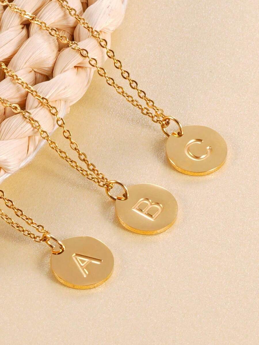 1pc Minimalist Stainless Steel Round Gold Initial 26 Necklace, Suitable For Women - Yellow Gold - View 1