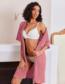 Women Zipper Robes Knit Short Bathrobe Lightweight House Coat With Pockets Soft Nightgown S-XXL - 珊瑚 - 查看 5