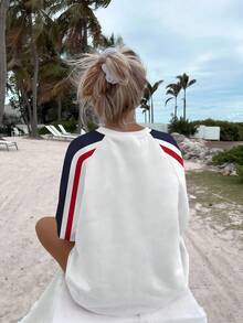 纯色插肩袖撞色设计复古美式风格短袖T恤，男女通用夏季度假情侣装 - 白色 - 查看 3