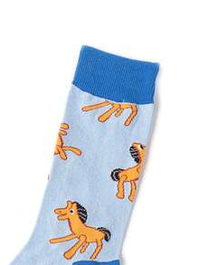 1双男士卡通木马图案趣味中筒袜，适合日常休闲穿着，动物爱好者的首选，派对和社交活动的完美礼物，秋冬男女必备袜子