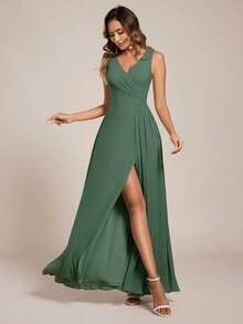 EVERPRETTY Gaun Bridesmaid Elegan Warna Polos dengan Leher V, Lipit, dan Belahan Tinggi - Olive Green - View 3