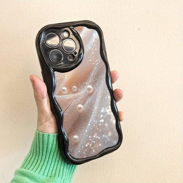 Funda para teléfono 1 funda para teléfono X/ 11/ 12/ 13/ 14/ 15/ 16 Pro |   Funda para teléfono Wave |   Chicas y hombres lindos |   Estampado con perlas de tela brillante Delicado y brillante lujo - Negro - Añade 1