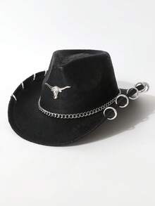 1 件女式/中性西部牛仔帽，时尚纯色 PU 绒面面料，帽檐朋克风格，可拆卸帽带，百搭设计