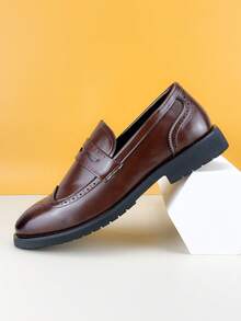 时尚简约男士便士乐福鞋牛津鞋优雅绅士皮革正装鞋布洛克鞋商务正装鞋纯色防滑鞋底休闲鞋男派对婚礼新郎鞋，春夏秋季，加大码正装/商务正装