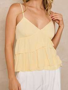 Women's Ruffle Cami Tops Sleeveless Spaghetti Strap V Neck Tie-Up Back Camisole Tops - 黃色 - 查看 1