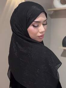 1 pièce Foulard chiffon doux, motif géométrique avec strass, pour femme. Couleur unie modeste, style arabe décontracté, écharpe longue, convient pour une utilisation quotidienne - Noir - Voir 5