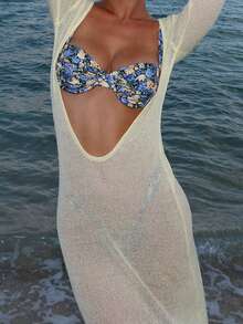 Women Beach Cover Up Knit Sheer Maxi Dress Solid Color See-Through Long Sleeve Summer Vacation Swimsuit Coverup Bathing Suit Cover Ups Long Dresses For Beach Vacation - 黃色 - 查看 2