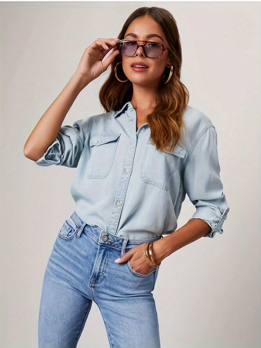 Women Button Down Denim Shirts Collared Casual Long Sleeve Blouses Tops With Pockets - 淺藍色 - 查看 1