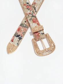 1 件女士复古奢华水钻金属扣浅色花卉印花串珠 PU 皮带，适合夏季、秋季、万圣节