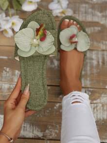 French Floral Strap Slip-On Flat Sandals For Women, New Summer Fashion Casual Outdoor Slide Slippers Suitable For Date, Shopping, Party, Beach Holiday, Home - Army Green - View 1