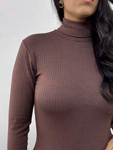 Cacharrel Women's Blouse, High Neck, Long Sleeve, Premium Ribbed, Simple, Knitted, Office - Rỉ Nâu - Xem 5