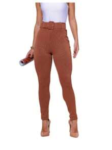 Women's 3D Ribbed Riding Pants Leggings With Belt High Waist Pocket - 駝色 - 查看 1