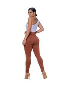 Women's 3D Ribbed Riding Pants Leggings With Belt High Waist Pocket - 駝色 - 查看 2
