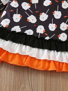 Toddler Girls Hallloween Clothes Set Ghost Pattern Long Sleeve Ruffled Ttim Tops With Striped/Solid Color Pants 2 Pcs Outfit - Orange - View 8