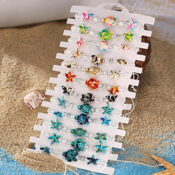 1 set Style océan d'été Bijoux de style dessin animé coquillage pour femmes, bracelet bohème tressé créatif de tortue et d'étoile de mer colorées (carte séparée)