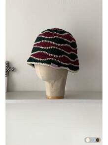 1pc Vintage Striped Handmade Hollow Out Bucket Hat, Women Summer Outdoor Sun Protection Hat, Contrast Color Stripes Handcrafted Knitted Bucket Hat, Women Autumn/Winter Outdoor Petite Size Knitted Cap, Versatile Autumn Accessories