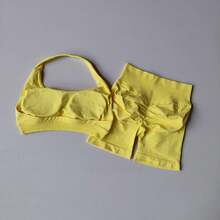 Halter Neck Beautiful Back High Waist Peach Sports Bras Shorts Suit Pilates Yoga Vest Training Fitness Bra Sets - XunPurple - 查看 4