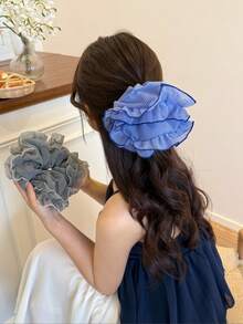 韩国蓝灰色格子网状荷叶边发圈优雅简约蓬松甜甜圈风格发圈，大号发饰，发圈，发球，休闲 - 彩色 - 查看 1