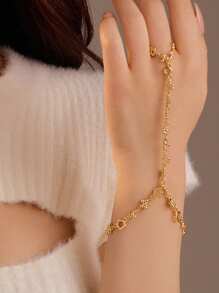 1 pieza Brazalete de mitones con cadena dorada simple, brazalete de mitones con cadena con flor y strass, moda para el verano, la playa y las vacaciones, regalo perfecto para uso diario, cumpleaños y fiestas