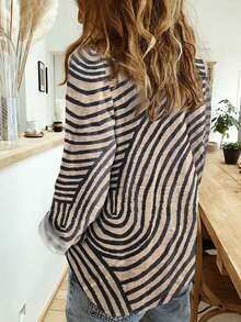 Plus Size Women's Shirt, Fashionable Zebra Print Button-Up Blouse - Vintage Casual Long Sleeve Top For Spring - Coffee Brown - View 2