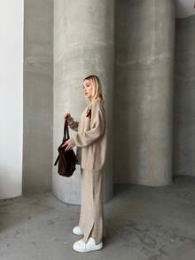 Button Detailed Skirt Set, Solid Color Casual Split Ribbed Button Co-Ord Set For Home Wear - Coffee Brown - View 2