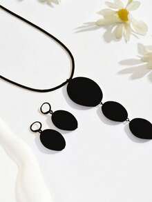 2 件套黑色现代金属几何不对称椭圆形抛光超大长吊坠项链和耳环套装，独特的珠宝套装，蛇骨链 Y 形项链，派对/正装配饰套装 - 黑色 - 查看 5