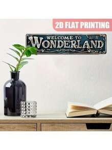 1pc Vintage "Welcome To Wonderland" Metal Sign, Retro 2D Floral Framed Wall Art In Green And Gold, Suitable For Garden, Home, Bar Or Cafe Decor, Front Door Hanging Decoration