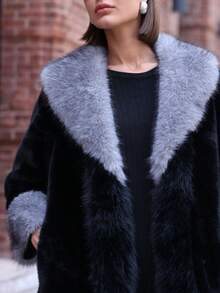 Women's Long Sleeve Contrast Color Big Fur Collar Warm Faux Fur Coat - Dark Grey - View 5