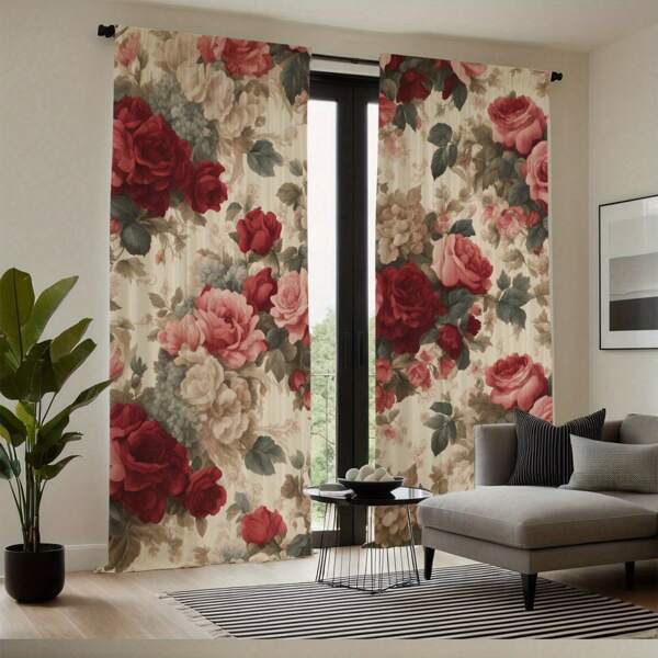 2pcs Glam Style Floral Printed Curtains, Semi-Sheer Polyester Flannel, Machine Washable, Rod Pocket Design, Unlined, Arts & Crafts Theme, With Red And Pink Rose Patterns For Living Room And Bedroom Decor