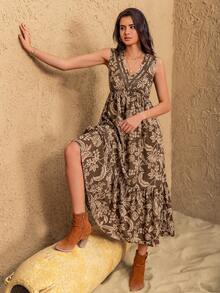 Rusttydustty Long Sleeveless Dress, V-Neck Design, Waist Cinched, Suitable For Casual Vacation, Boho Style, Beach Outfit, Music Festival, Tropical Holiday And Other Occasions