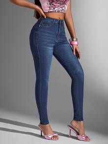 Jeanoix 高弹斜口袋休闲紧身牛仔裤 - 深色水洗藍 - 查看 4