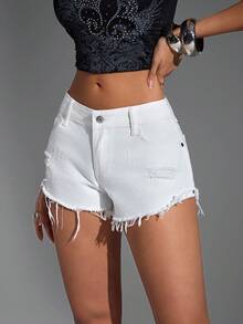 Jeanoix 斜口袋休闲毛边牛仔短裤 - 白色 - 查看 3