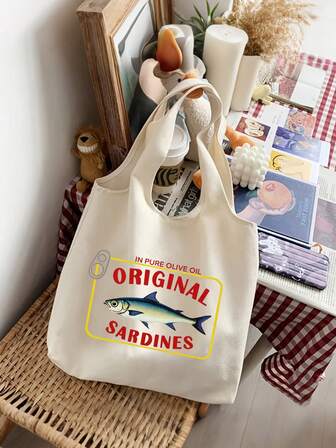 Retro tygväska och sminkväska med sardiner, present till skolstarten, set med stor kapacitet, kan bäras på ena axeln. Multifunktionell tygväska med stor kapacitet för kvinnor, mini-smokingväska i polyester för unisex och vuxna, allergivänlig necessär med dragkedja, litterär ryggsäck och skolväska för campus, lämplig för kvinnor eller studenter, lämplig för böcker, shopping, skolstart etc.