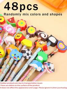 48pcs Cartoon Character HB Pencils With Cute Erasers, School Supply Set, Includes Random Mixed Cartoon Pencils With Adorable Erasers, Suitable For Back To School Students And Kids, Back To School Gift Set, Back To School Supplies (12pcs/24pcs/48pcs)