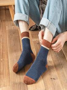 5 Pairs Men's Thickened Warm Mid-Calf Socks, Vintage Solid Color Suitable For Home, Hiking, Elderly Winter, Reinforced, Cozy