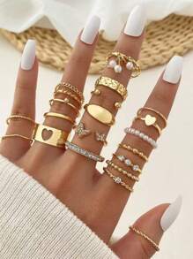 21 pièces/set Bague réglable multi-articulation avec pendentif Papillon et Cœur en fausses perles