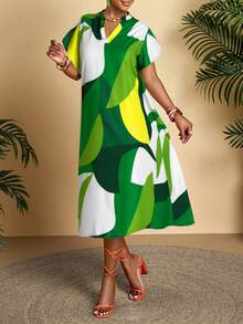 AIJ Amarilo Women's Green Casual Abstract Print Short Sleeve Midi Dress With Ruffle Detail And Straight Hem