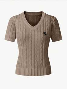 Maglietta marrone slim con scollo a V e ricamo, elegante per il business e il tempo libero in tutte le stagioni/estate. Adatta per casual, quotidiano, appuntamenti, casa, ufficio, feste, festival, shopping, Natale, Ringraziamento, vacanze/Top stile Y2K/Streetwear/Punk/Taglie forti per l'inverno/Eleganti bluse da donna per l'estate - Moka Marrone - Visualizzare 3