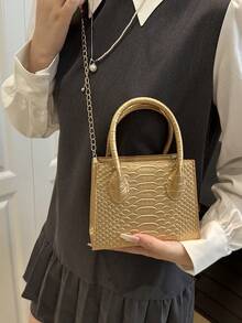 Mini Lipstick Shaped Fashion Metallic Snake Skin PU Handbag - Gold - View 5