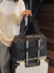 1 件纯色褶皱尼龙单肩托特包，大容量时尚女士手提包，适合度假、旅行、户外运动 - 黑色 - 查看 4